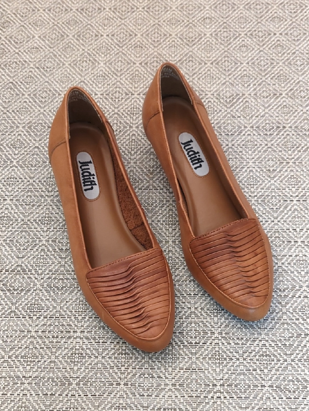 Judith Leather Tan Pointed-Toe Woven Detail Flats Mini Wedge